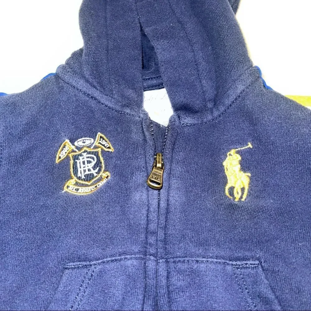 Ralph Lauren Navy Full Zip‎ Hoodie with Yellow Big Pony Logo - Size 3 months